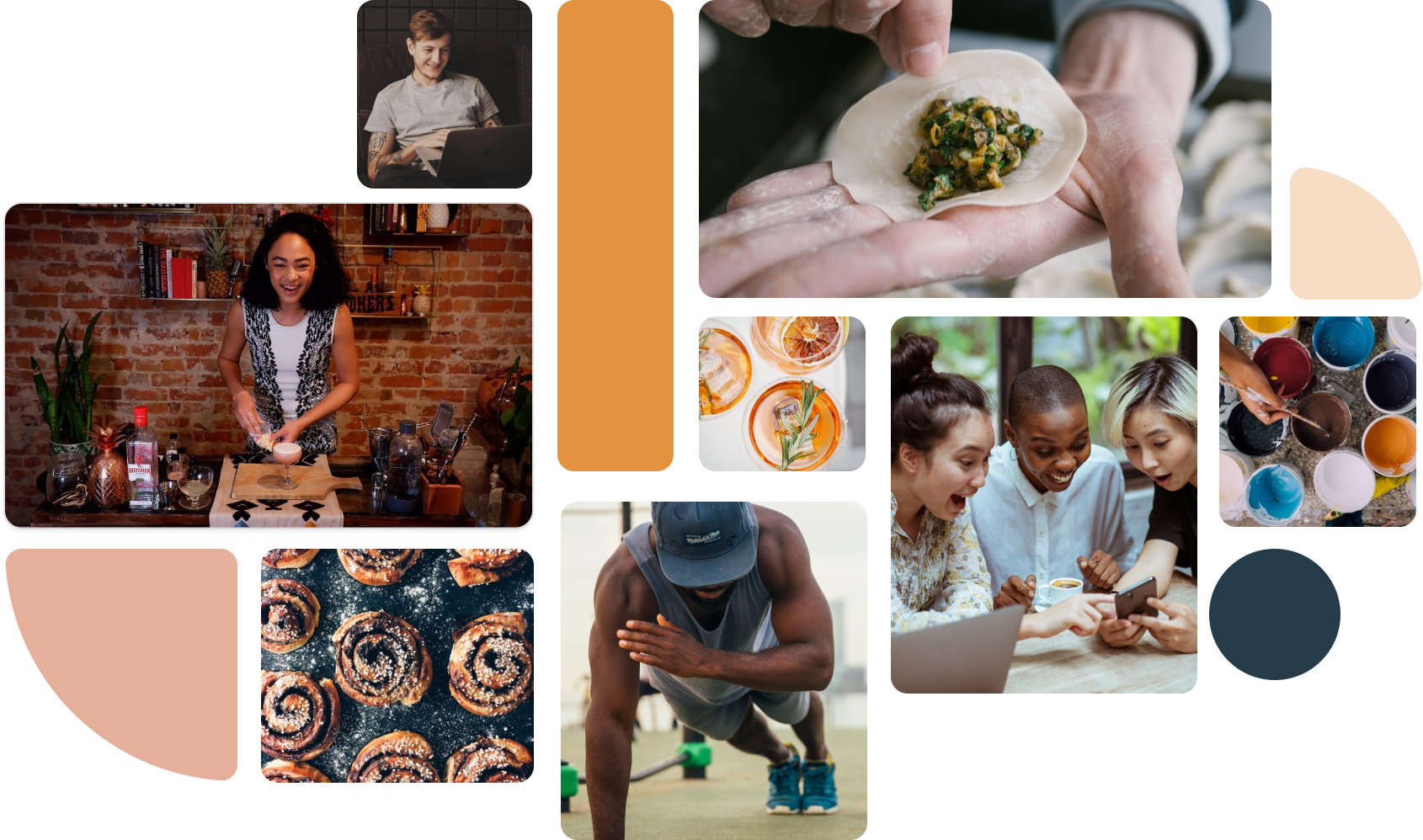 A collage of several experiences on the Wavy marketplace. Image shows: a cooking class; a woman teaching a mixology class; some cinnabons; a man leading a guided exercise session; and more.